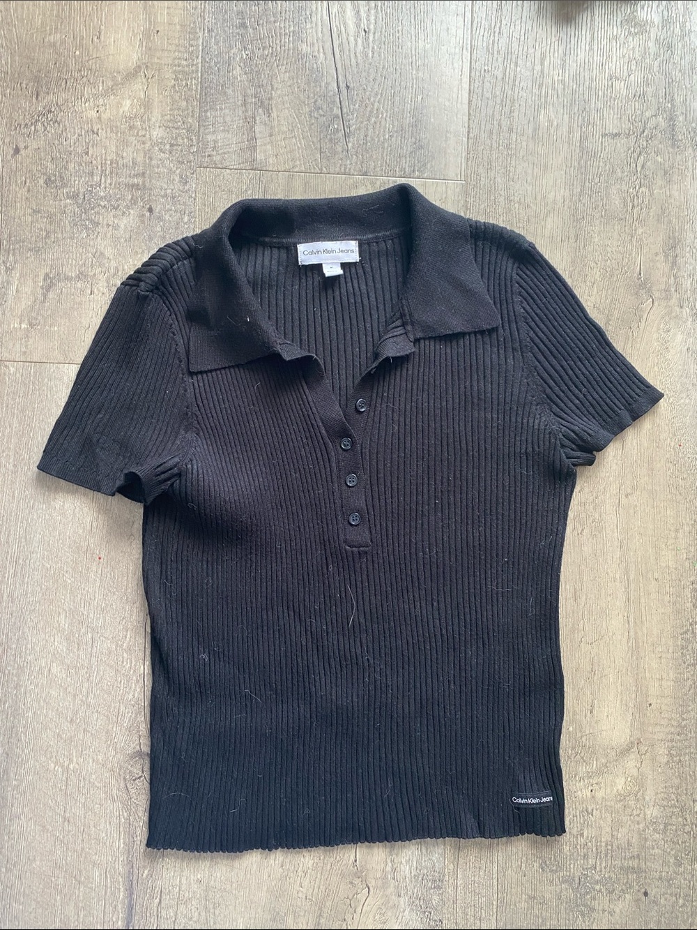 Calvin Klein Jeans Black Ribbed Polo Short Sleeve Top